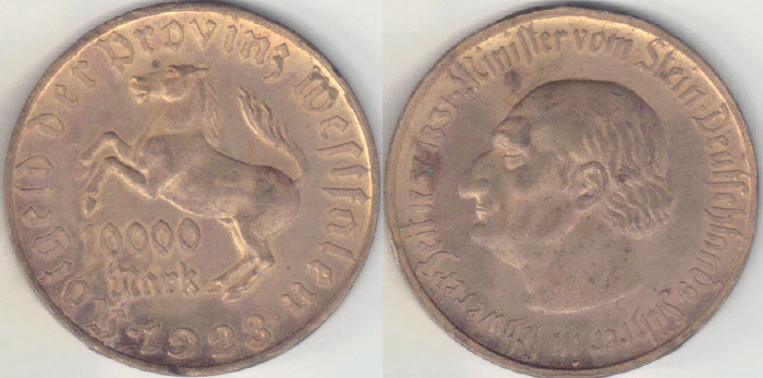 1923 Germany Notgeld 10,000 Mark (Westphalia) wide A002931